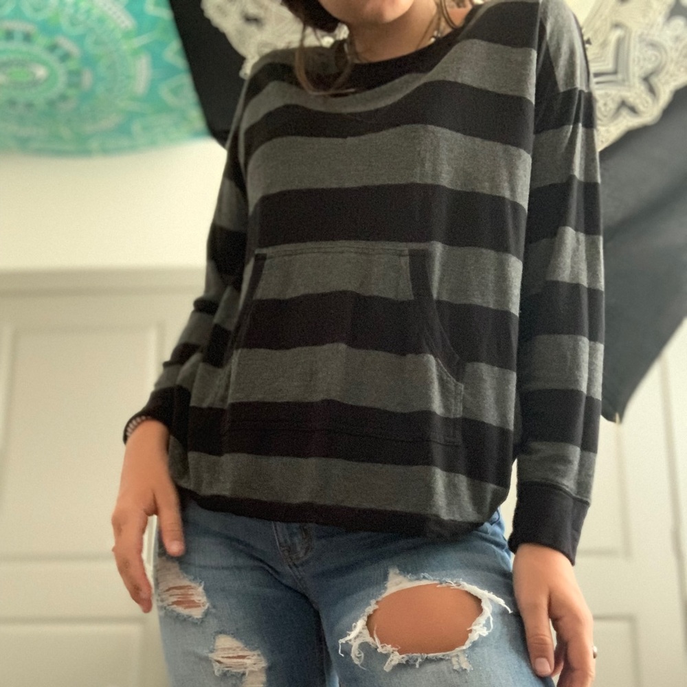 Black and grey striped long sleeve sweater